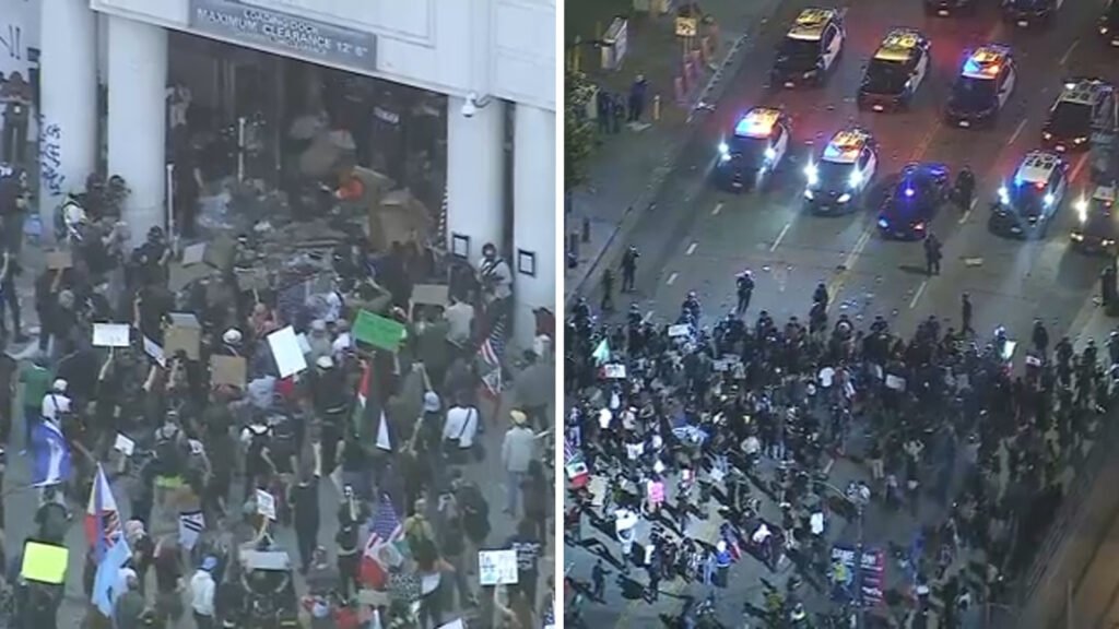 Protests Erupt in Downtown Los Angeles as Clashes with Officers Result in Arrests Protests Erupt in Downtown Los Angeles as Clashes with Officers