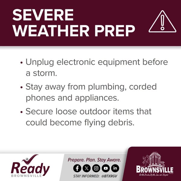 Write a new simple attractive title based on the title from Heavy rain and thunderstorms are forecasted for Brownsville this weekend into next week. Now is the time to stay weather-aware and take simple steps to stay safe. • If you see flooded roadways, turn around, don’t drown. • During lightning storms, stay indoors – facebook.com and dont use quote marks Write a new simple attractive title based on the title